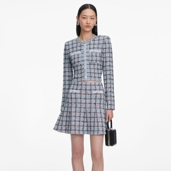 Self Portrait Blue Check Knit Cardigan